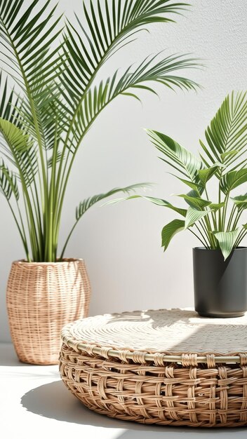 Photo wicker baskets with tropical plants against a white background