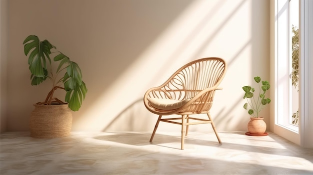 Wicker chair and a plant in living room with flower pot