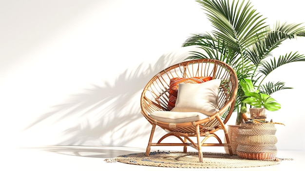 Photo a wicker chair with a palm tree in the background