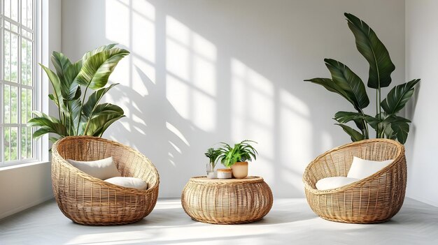 Photo wicker chairs and table with plant in white room 3d illustration