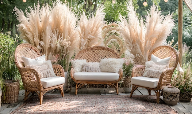 Photo wicker chairs with white cushions decorated with pampas grass