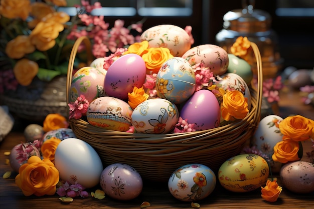 Wicker Easter basket filled with eggs and decorated with flowers Easter concept