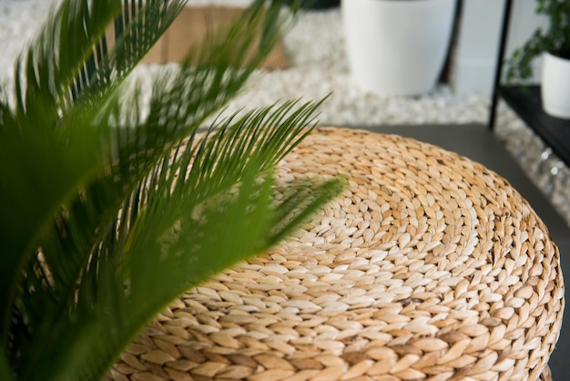 Wicker ottoman. Wicker furniture made of natural materials. texture of rattan with natural patterns.