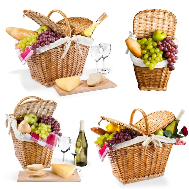 Wicker picnic basket with a red gingham cloth on a white background