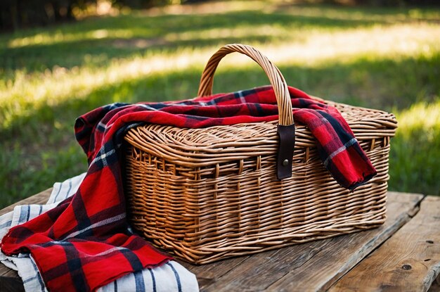 Photo wicker picnic basket with red plaid cloth on wooden table outdoors