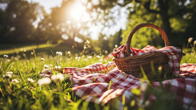 Photo wicker picnic basket with a red and white checkered cloth on it set on a grassy field with dappled sunlight filtering through the trees