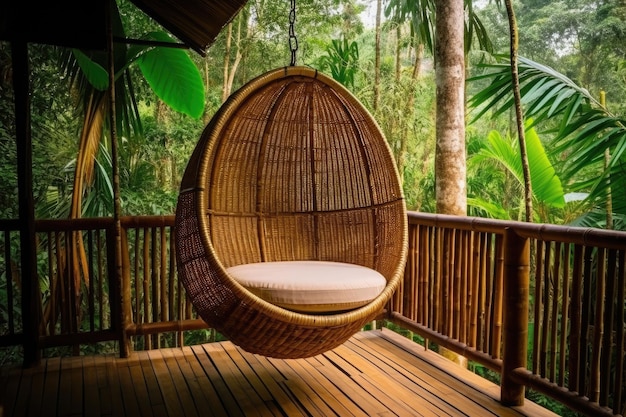 Wicker rattan hanging chair on wooden bamboo terrace in the jungle Generative AI