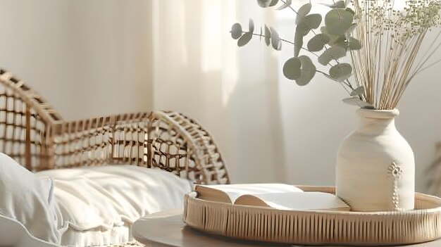 Wicker tray and open book close to eucalyptus branch in ceramic vase on side table B Generative AI