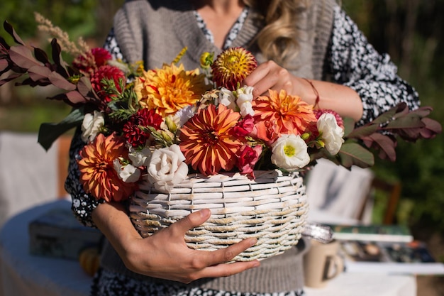 A wicker white basket with seasonal autumn flowers dahlias and asters in her hands