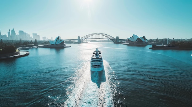 Photo an wide aerial view of harbor with the opera house and bridge in the background