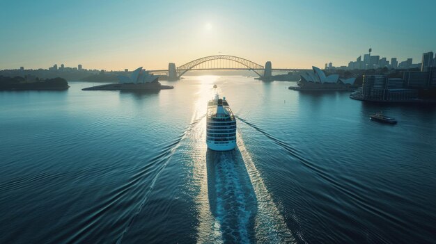 Photo an wide aerial view of harbor with the opera house and bridge in the background