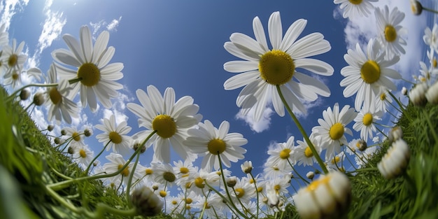 Wide angle daisies from view below on sky background Autumn background flower illustration Modern botanical banner Blue background