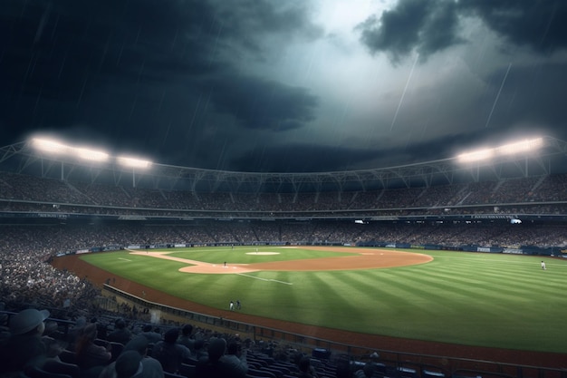 A wide angle of a outdoor baseball stadium full of spectators under a stormy night sky