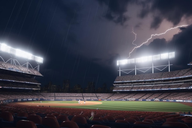 A wide angle of a outdoor baseball stadium full of spectators under a stormy night sky