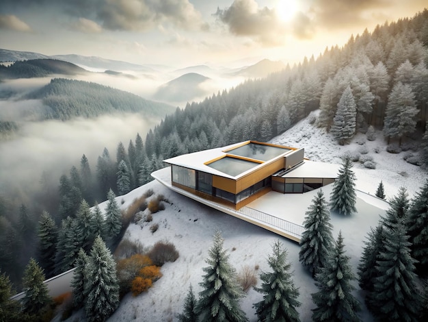 Wide angle photo of a modern futuristic house in a valley surrounded by fog and trees