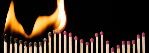 Photo wide angle photo of pink headed row of matches in form of graph