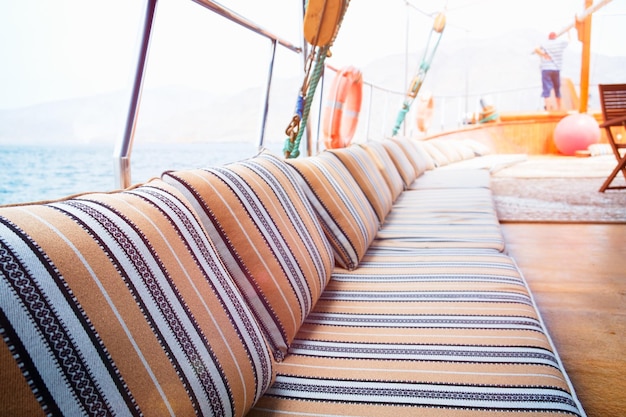 Wide angle shot of front of the yacht in summer time