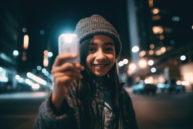 Wide angle shot of a young mexican hispanic 10yearold little girl trendy clothes using mobile phone with background of urban city street at night Generative AI AIG18