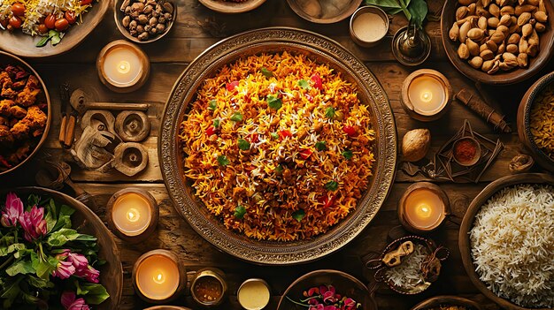 Photo wide angle view of a biryani platter