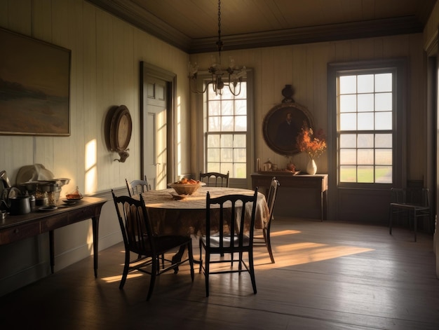 Wide angle view of the dining room table wooden floor and the room is lit by the sunlight that shines through the windows Generative AI