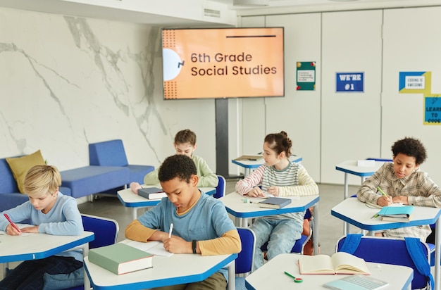 Wide angle view at diverse group of children studying in school class on social studies