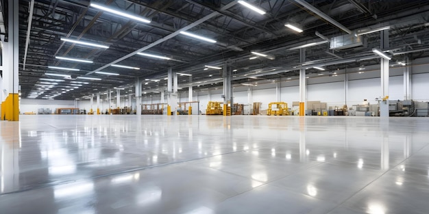 Photo wide angle view of empty factory floor with shiny reflective surface concept industrial photography interior design empty spaces reflections minimalist aesthetics