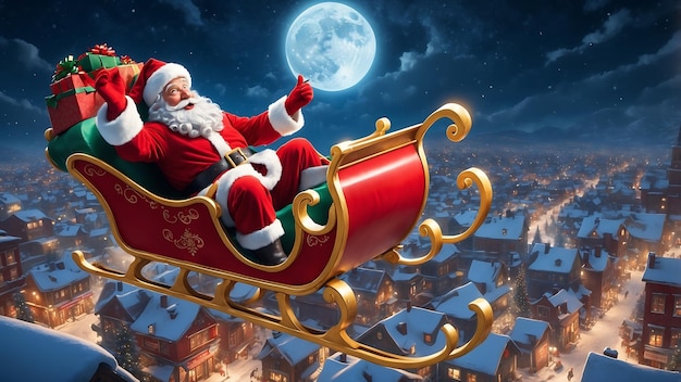 Photo wide angle view of santa claus and his elves flying in a sleigh