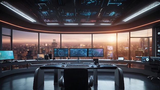 Wide banner of a modern and innovative futuristic control room