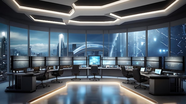 Wide banner of a modern and innovative futuristic control room