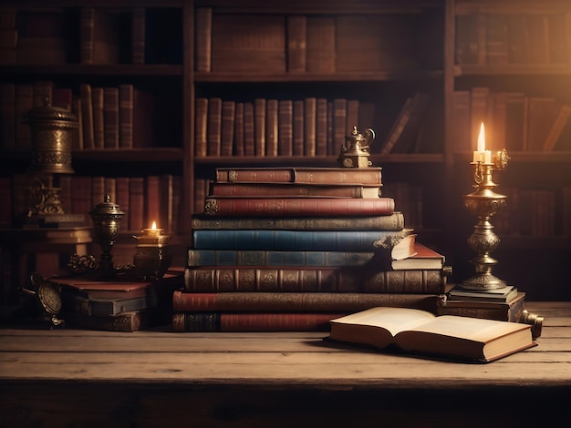 wide banner of old vintage library stack of antique books on old wooden table in fantasy medieval