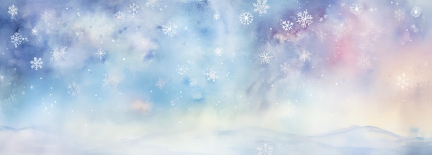 Wide banner winter background with snowflakes and bokeh on soft blue background in watercolor style with space for text Christmas New Year Illustration