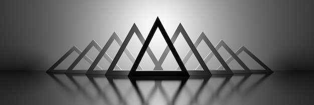 Wide banner with many triangles geometric shapes on reflective surface in monochrome black and white color. 3d illustration.