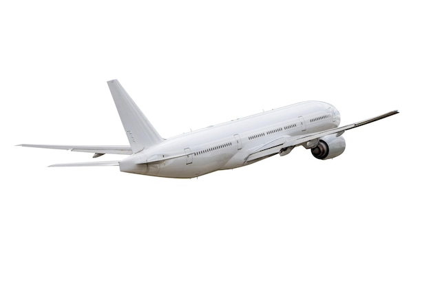 Wide body passenger airliner flying isolated on white background