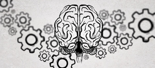 Wide brain sketch with gears on concrete wall background Intelligence strategy knowledge psychology and solution concept