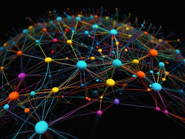 Wide colorfull 2D art image of an internet map as a brain network tore hubs vibrant black background