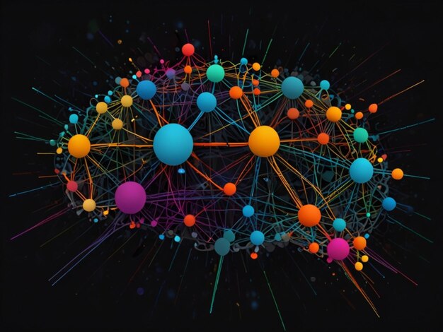 Wide colorfull 2D art image of an internet map as a brain network tore hubs vibrant black background