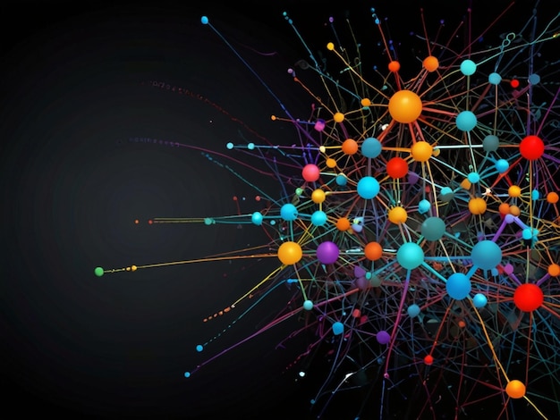 Wide colorfull 2D art image of an internet map as a brain network tore hubs vibrant black background