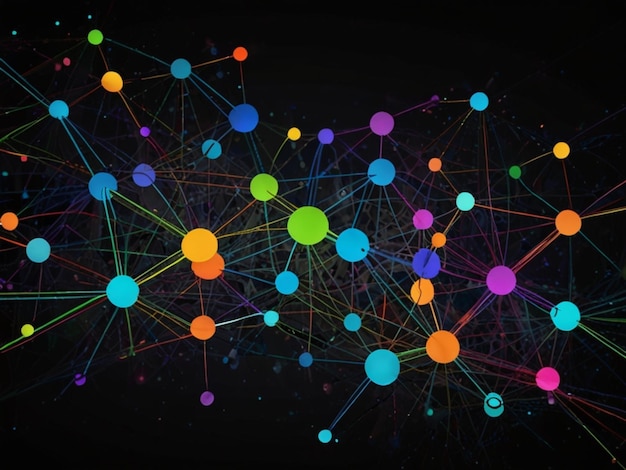 Wide colorfull 2D art image of an internet map as a brain network tore hubs vibrant black background