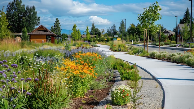 A wide concrete path winds through a lush garden filled with colorful flowers