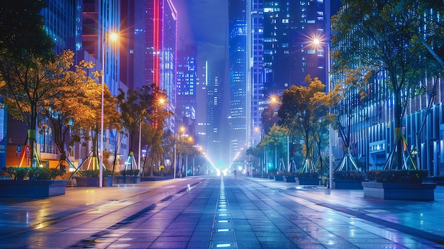 A wide empty street in a modern city at night The street is lined with tall buildings and trees