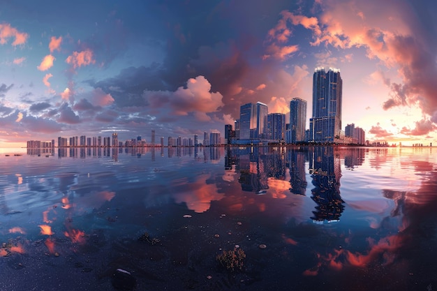 Wide Evening Panorama of Miami Business Skyline