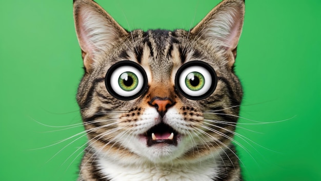 Wide eyed tabby cat with striking green background perfect for pet themed uses