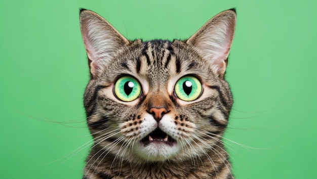 Wide eyed tabby cat with striking green background perfect for pet themed uses