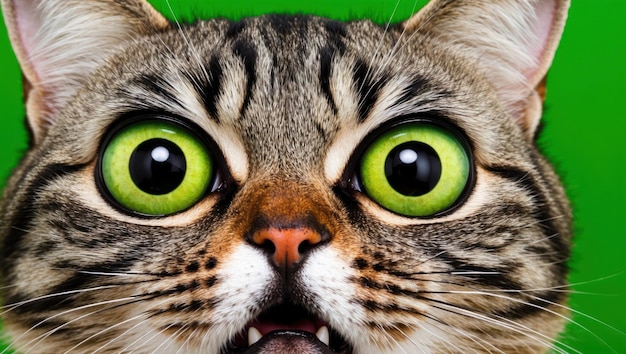 Photo wide eyed tabby cat with striking green background perfect for pet themed uses