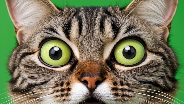 Photo wide eyed tabby cat with striking green background perfect for pet themed uses