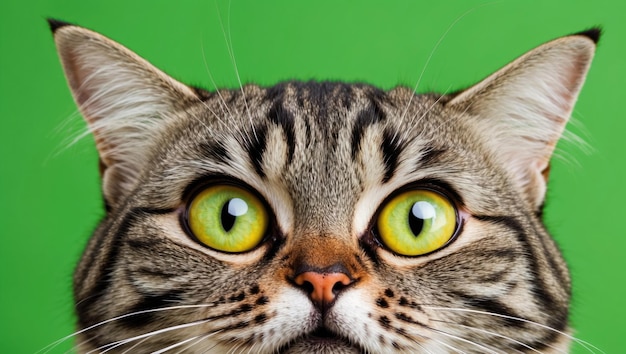 Photo wide eyed tabby cat with striking green background perfect for pet themed uses