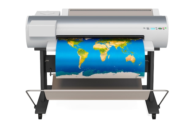 Wide Format Printer plotter with map of world 3D rendering