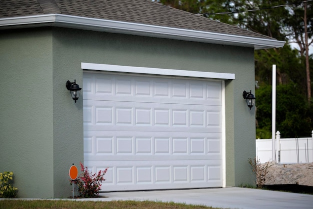 Wide garage double door and concrete driveway of new modern american house