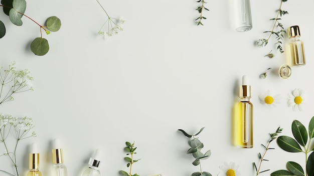 Wide horizontal flat lay cosmetics banner with liquid bottle