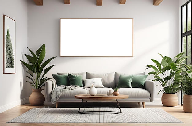 Wide horizontal framed picture mockup in modern living room